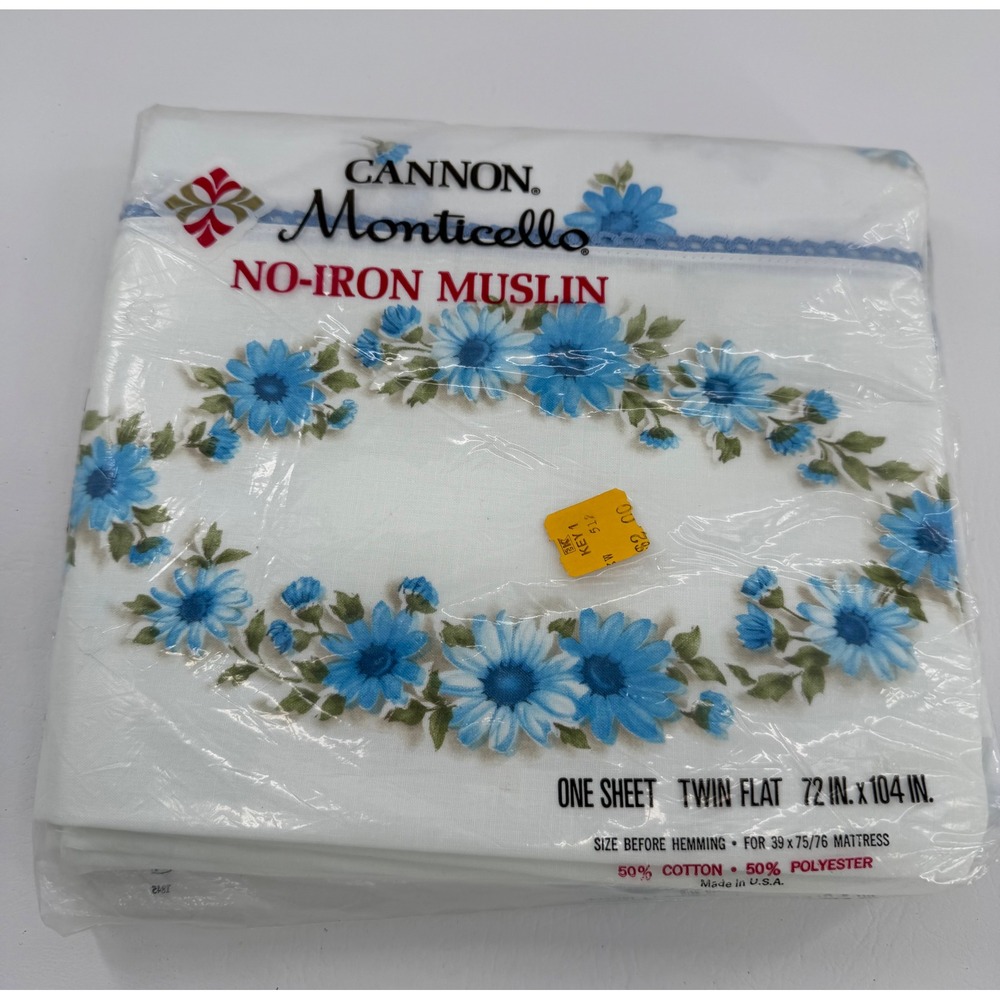Cannon Flat Sheet Twin White Blue Floral Monticello No-Iron Muslin Vintage USA
